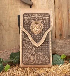 LEATHER ROSE STAMPED western Horse plaque cowboy rodeo cell phone case pouch