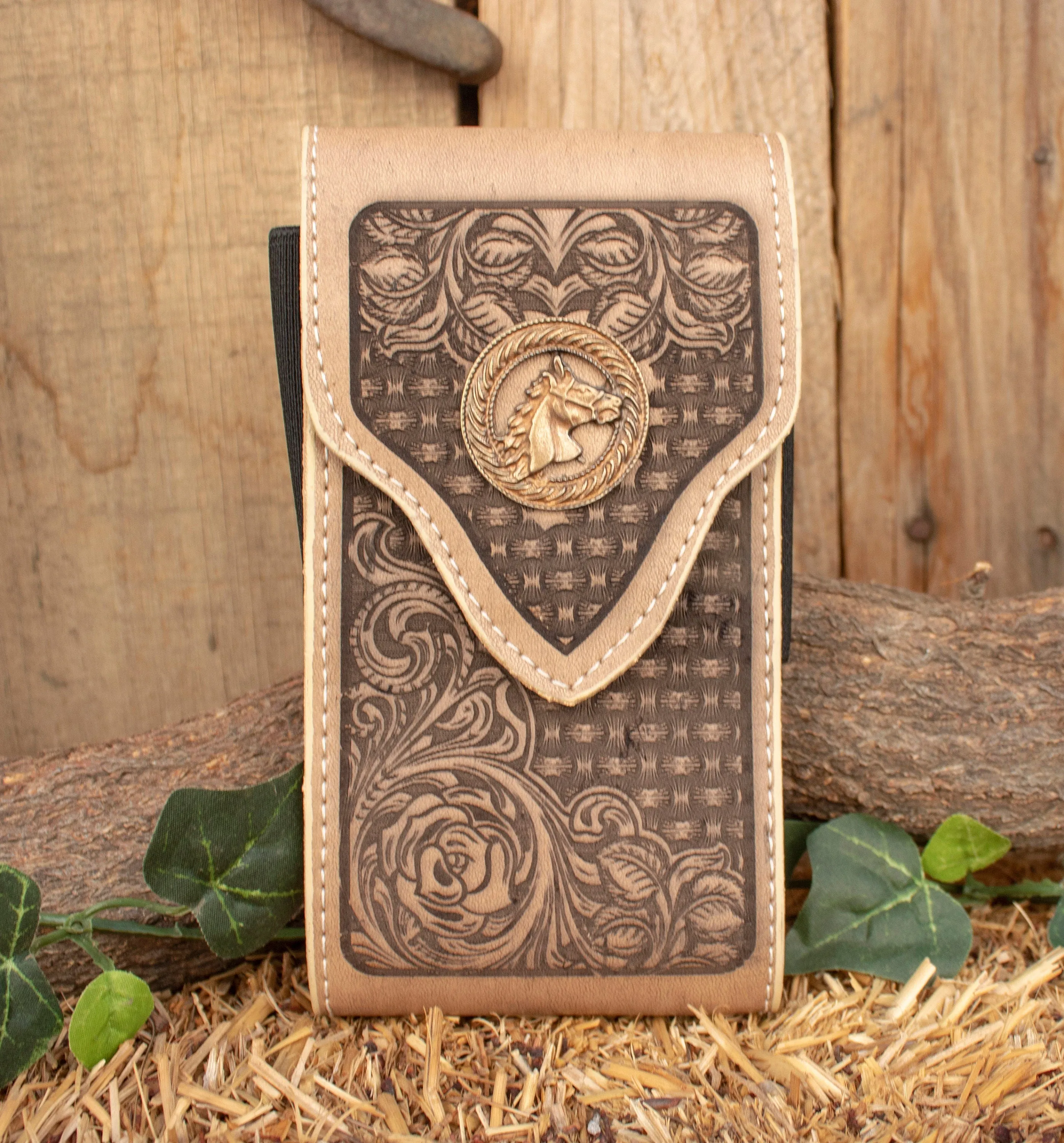LEATHER ROSE STAMPED western Horse plaque cowboy rodeo cell phone case pouch