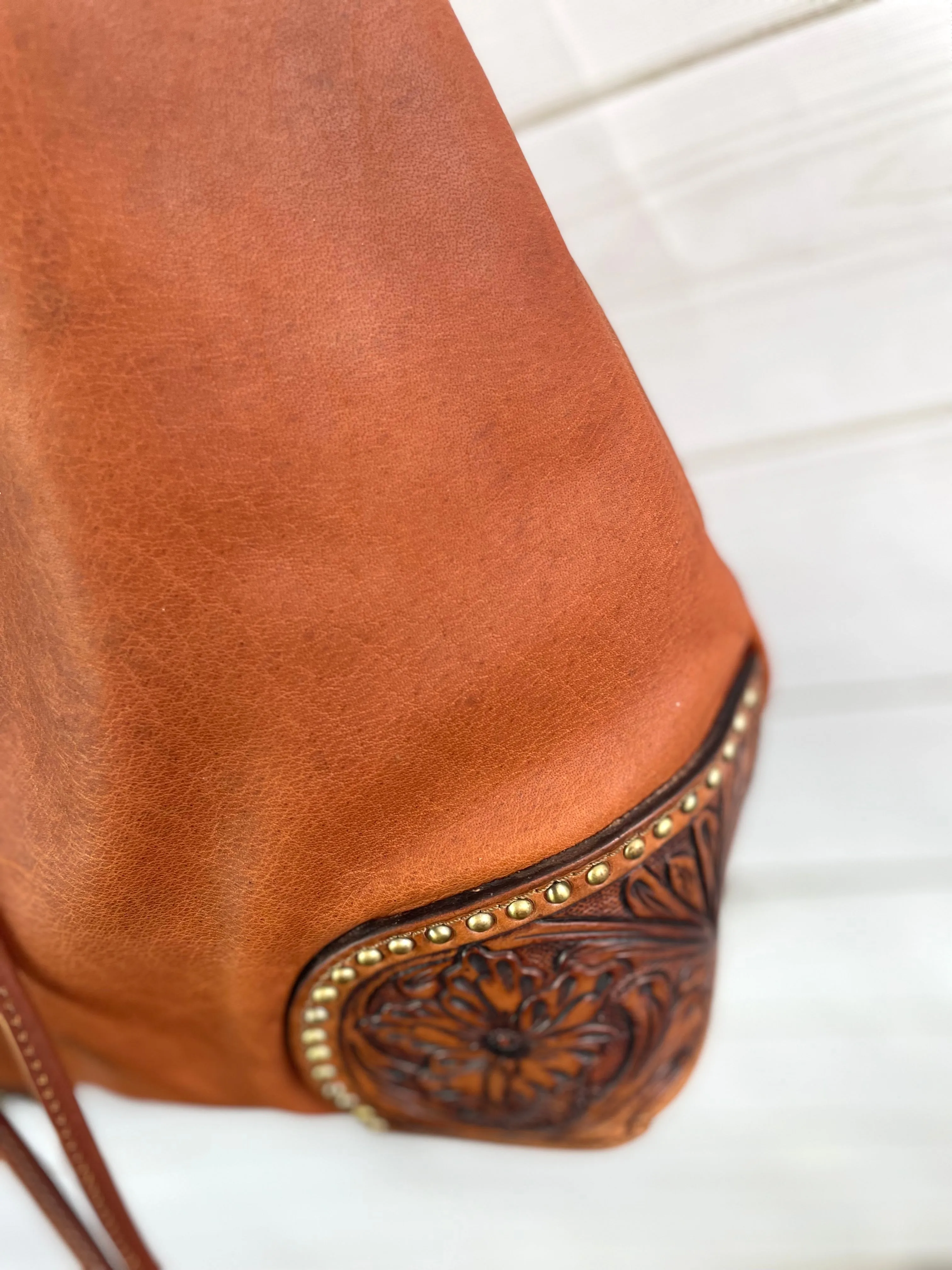 Leather Tooled & Studded Bucket Bag