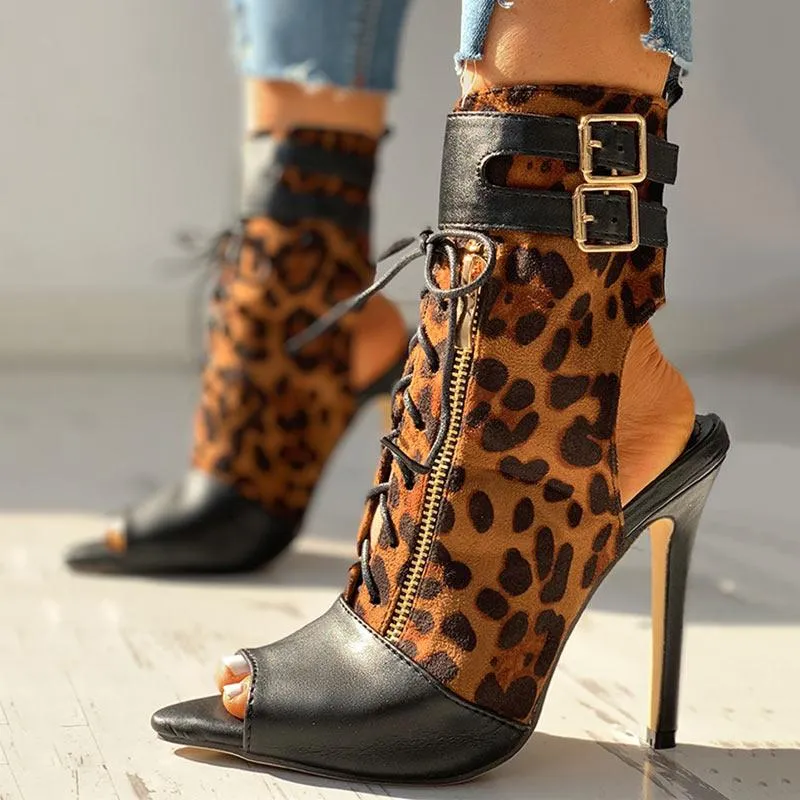 Leopard Print Peep Toe Buckled Thin Heeled Boot