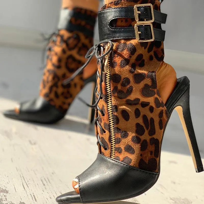 Leopard Print Peep Toe Buckled Thin Heeled Boot