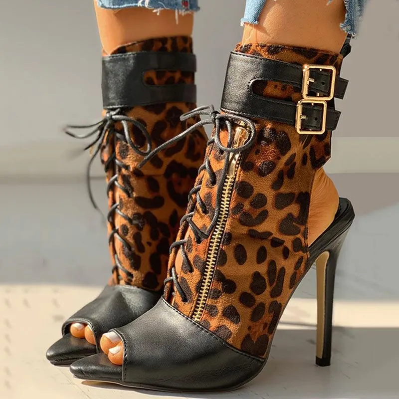 Leopard Print Peep Toe Buckled Thin Heeled Boot