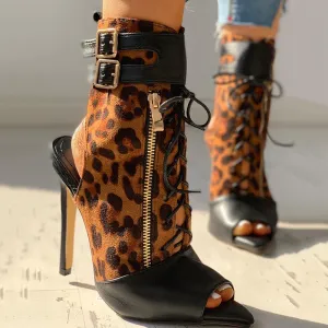 Leopard Print Peep Toe Buckled Thin Heeled Boot