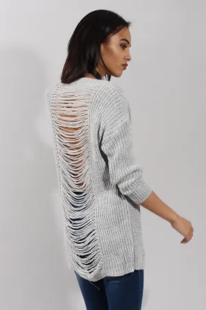Light Grey Knitted Distressed Back Jumper Dress - Cara