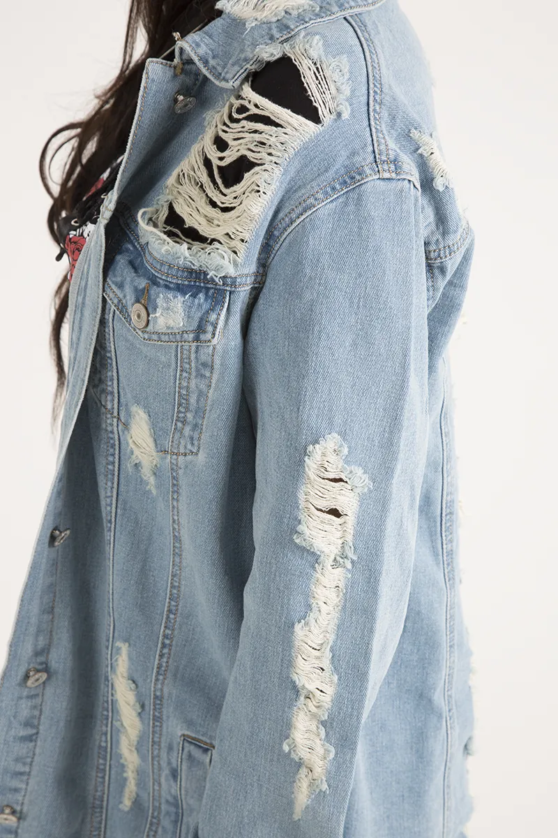 Light Wash Distressed Oversized Denim Jacket - Amra