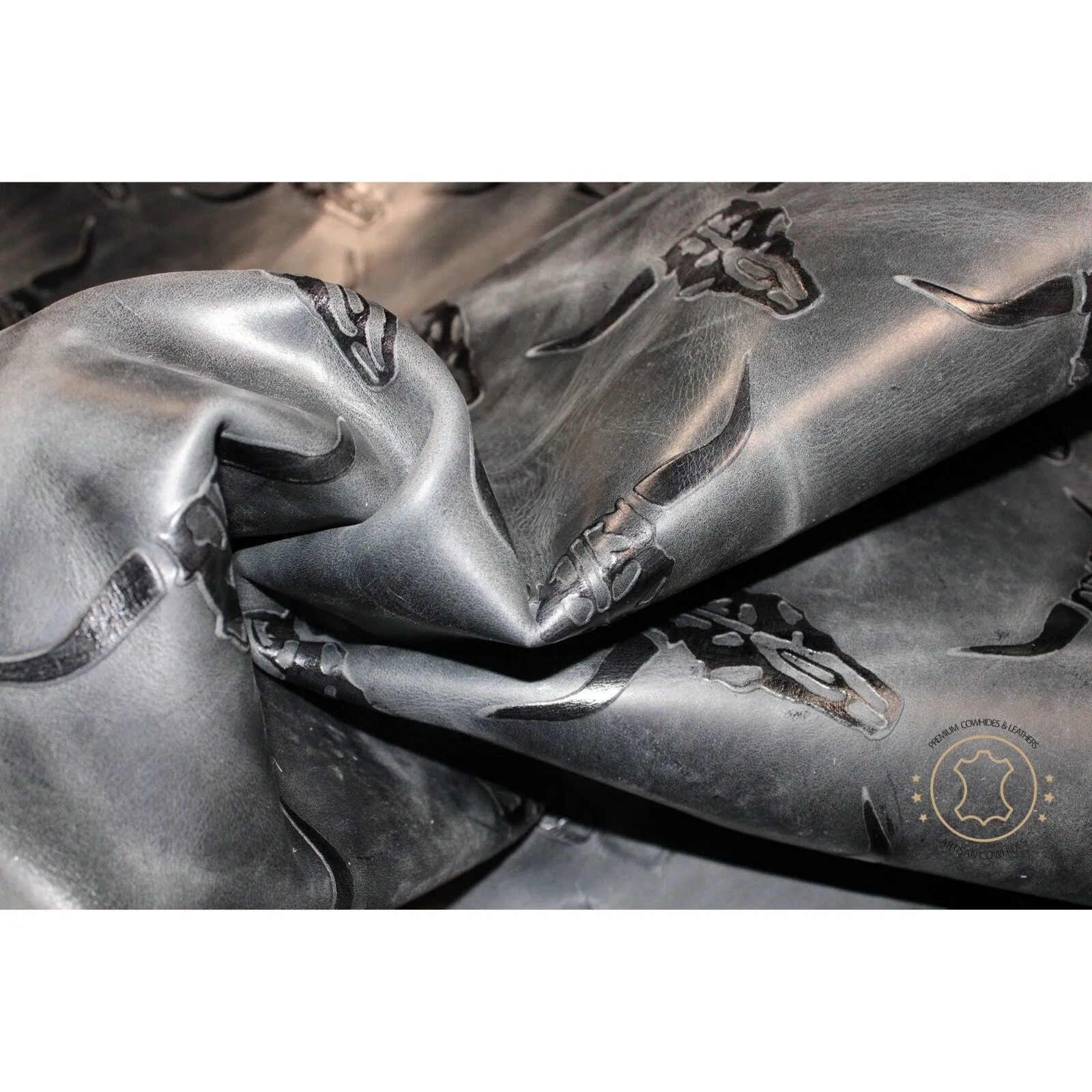 LONGHORN EMBOSSED LEATHER Charcoal Black Pull Up : Leather 4 - 4.5 oz. | 1.6 - 1.8 mm - Leather for Projects