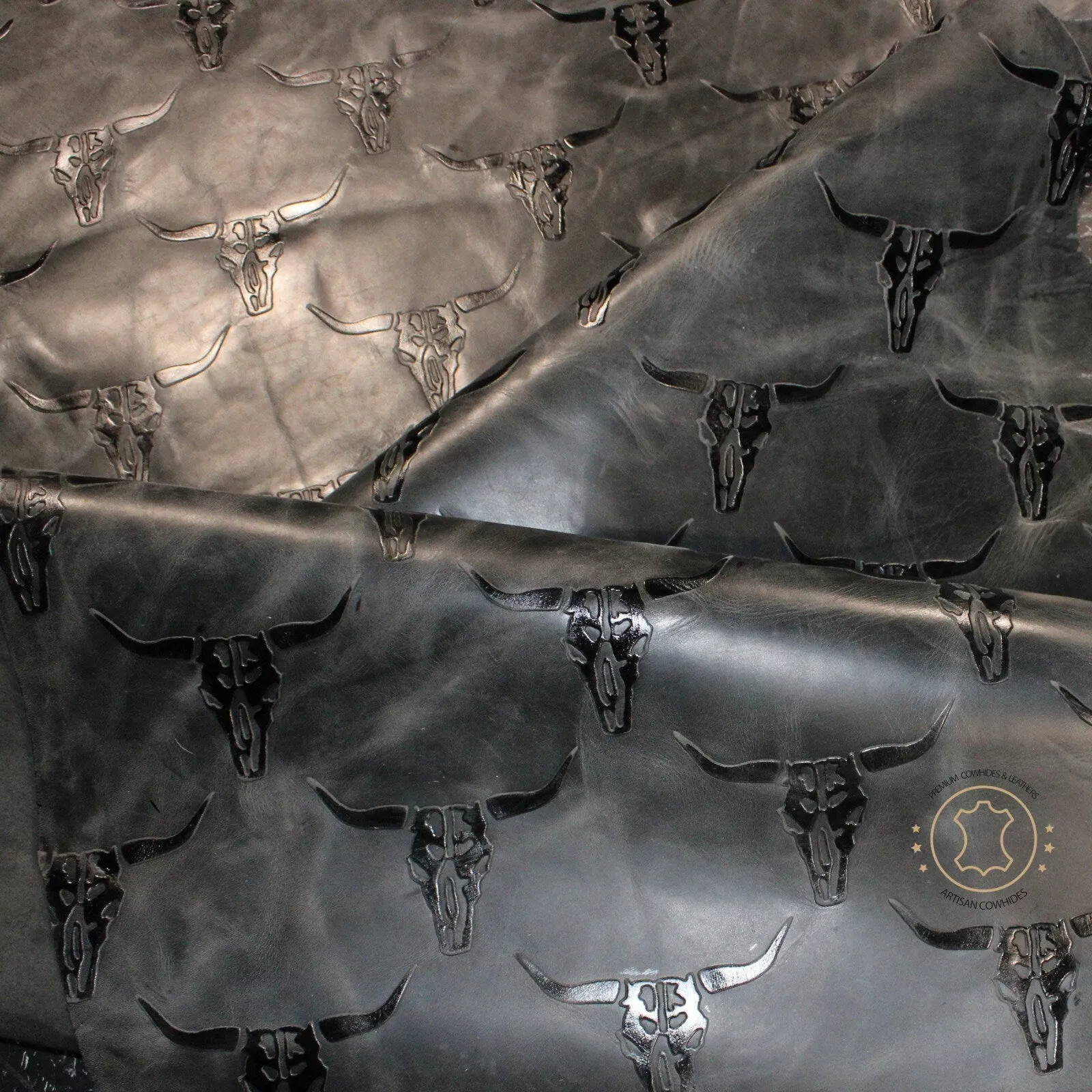 LONGHORN EMBOSSED LEATHER Charcoal Black Pull Up : Leather 4 - 4.5 oz. | 1.6 - 1.8 mm - Leather for Projects