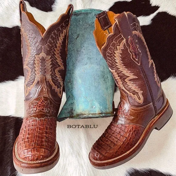 LUCCHESE Caiman Hornback Crocodile Crepe Sole Brown Cowgirl Cowboy Western Boots