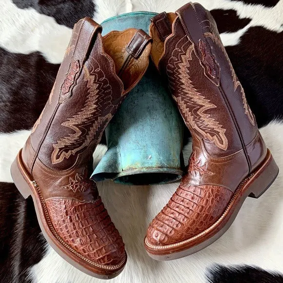 LUCCHESE Caiman Hornback Crocodile Crepe Sole Brown Cowgirl Cowboy Western Boots