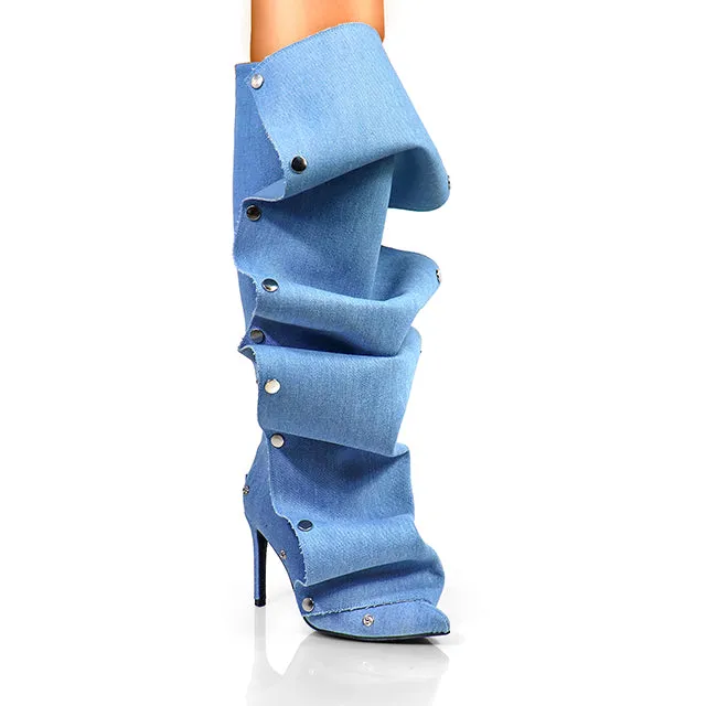 MAGE-1 Denim Drape Knee High Slouch Boots with Draped Front Panel - Stiletto Heel, Approx. 4"
