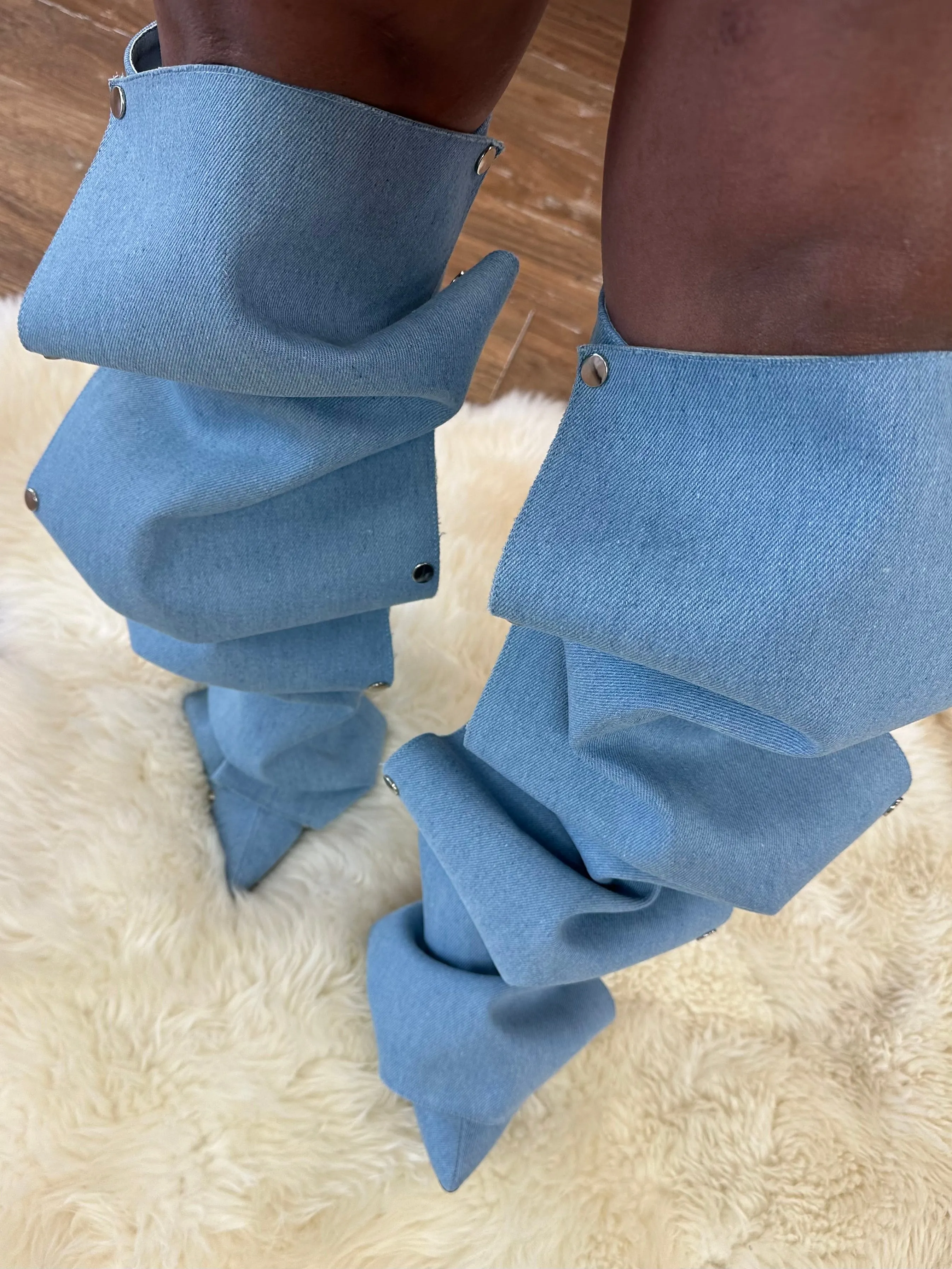 MAGE-1 Denim Drape Knee High Slouch Boots with Draped Front Panel - Stiletto Heel, Approx. 4"