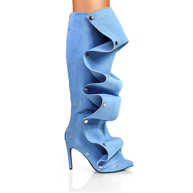 MAGE-1 Denim Drape Knee High Slouch Boots with Draped Front Panel - Stiletto Heel, Approx. 4"