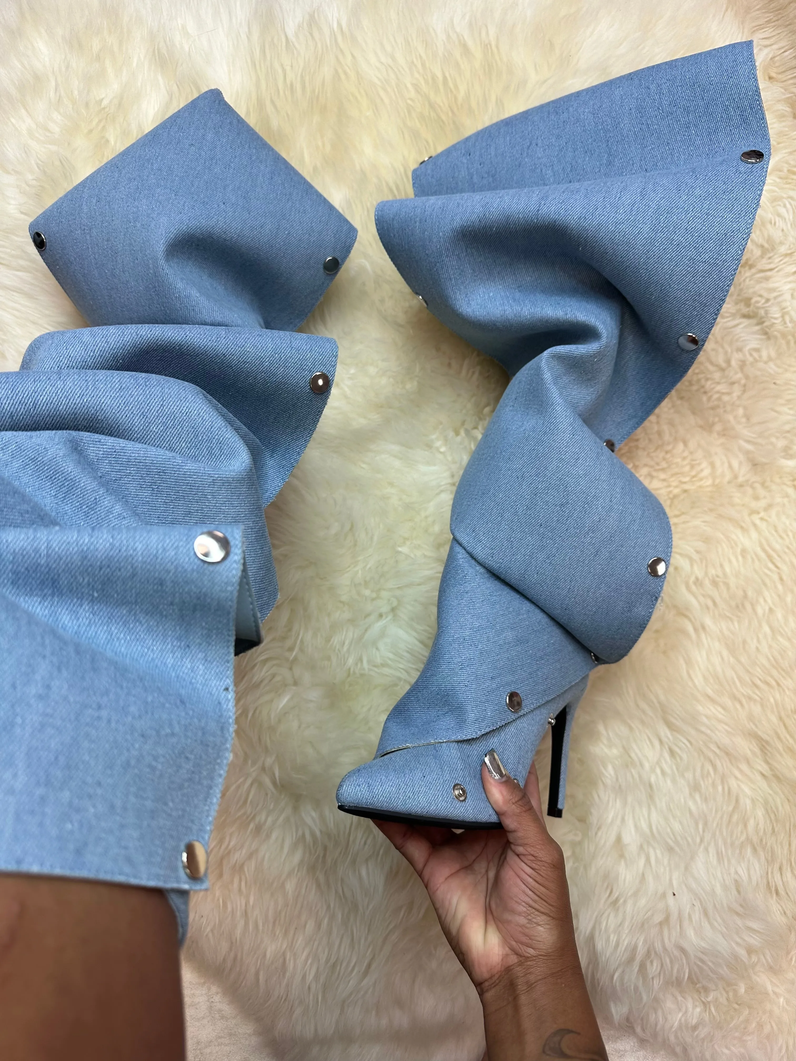 MAGE-1 Denim Drape Knee High Slouch Boots with Draped Front Panel - Stiletto Heel, Approx. 4"