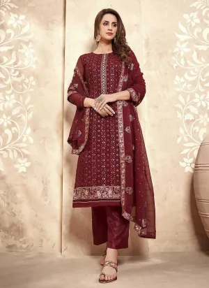 Maroon Straight Cut Embroidered Pant Style Suit
