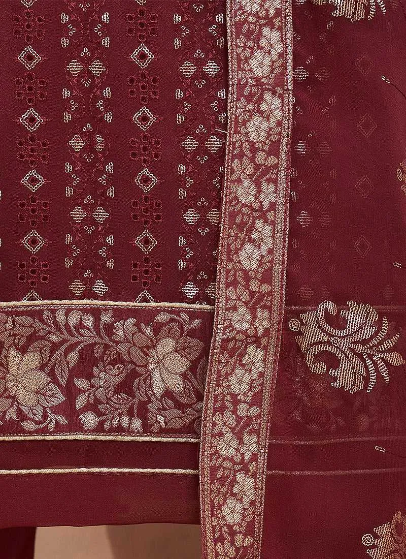 Maroon Straight Cut Embroidered Pant Style Suit