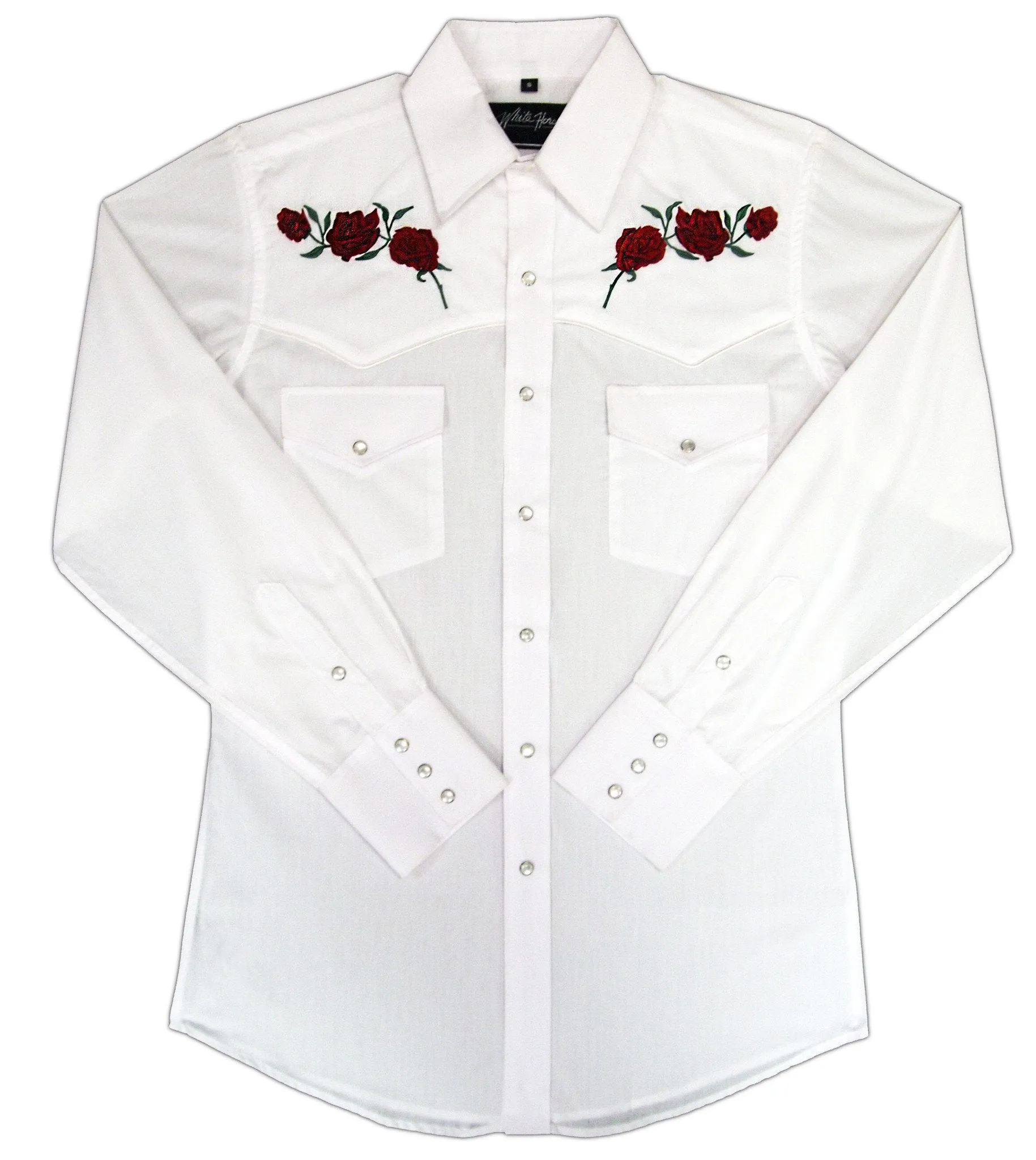 Men's Embroidered Western Shirt: White Horse Roses on White