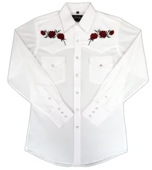 Men's Embroidered Western Shirt: White Horse Roses on White