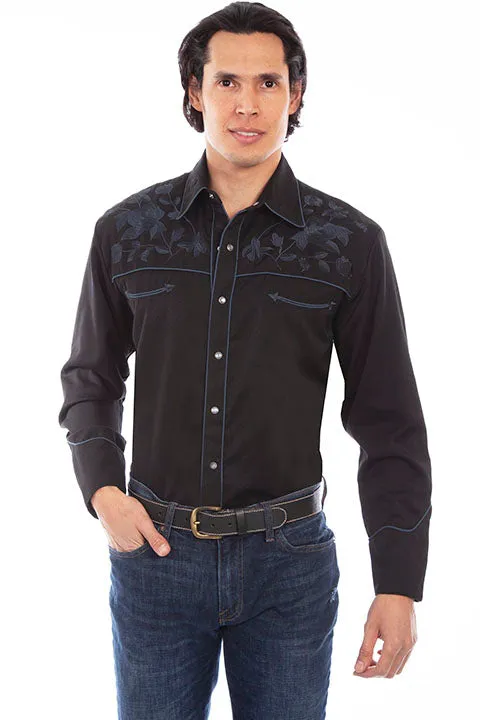 Men's Vintage Western Shirt Collection: Scully Embroidered Blue Black Floral