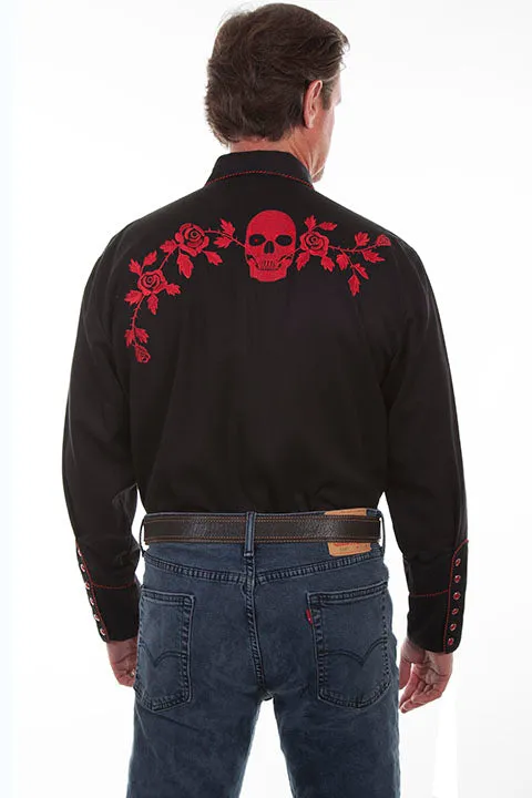 Men's Vintage Western Shirt Collection: Scully Skulls & Roses Red