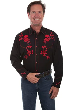 Men's Vintage Western Shirt Collection: Scully Skulls & Roses Red