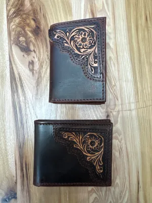 Men’s Western Distressed Leather Floral Tooled Brown Wallet