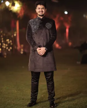 Menswear Black Embroidered Indo Western