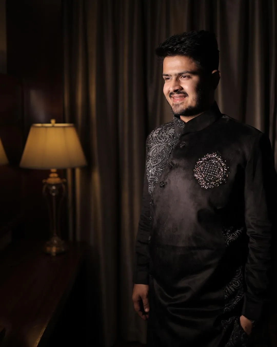 Menswear Black Embroidered Indo Western