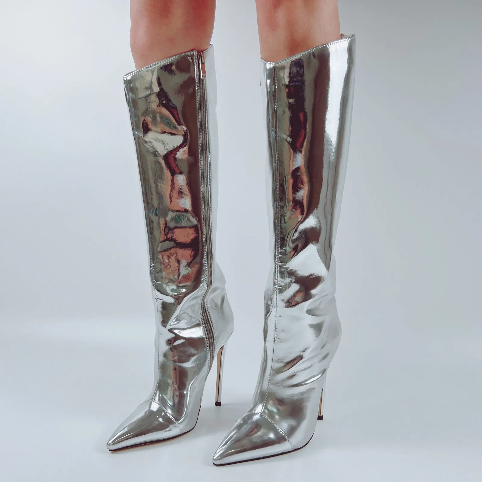 Metallic Leather Stiletto Knee High Boots