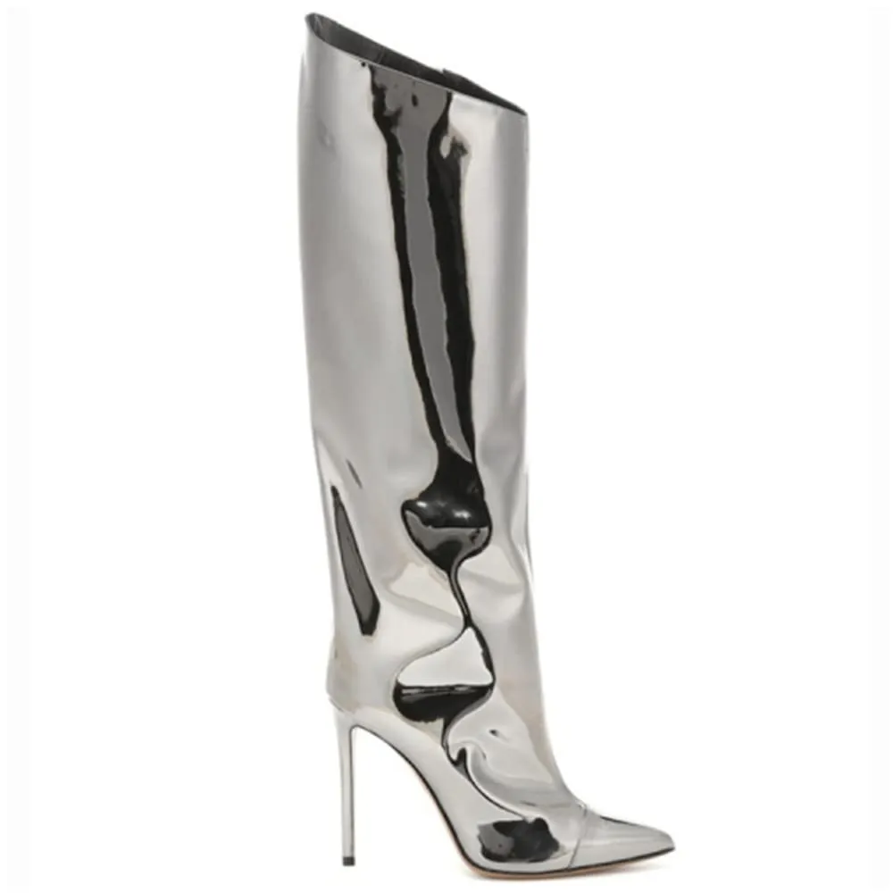 Metallic Leather Stiletto Knee High Boots