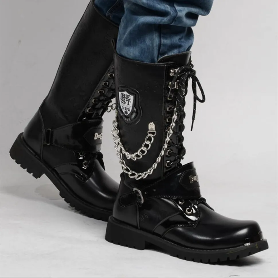 Mid Calf Metal Chain Male Motorcycle Punk Boots