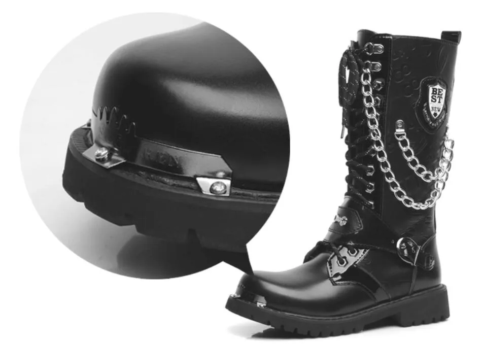 Mid Calf Metal Chain Male Motorcycle Punk Boots