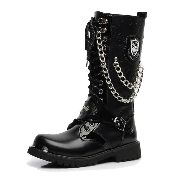 Mid Calf Metal Chain Male Motorcycle Punk Boots