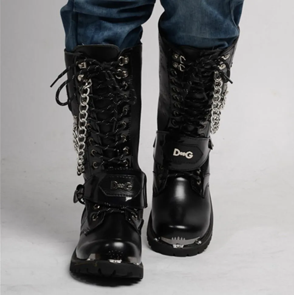 Mid Calf Metal Chain Male Motorcycle Punk Boots