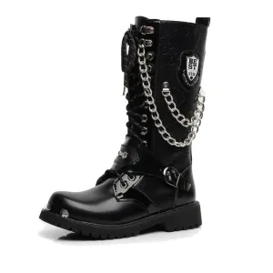 Mid Calf Metal Chain Male Motorcycle Punk Boots
