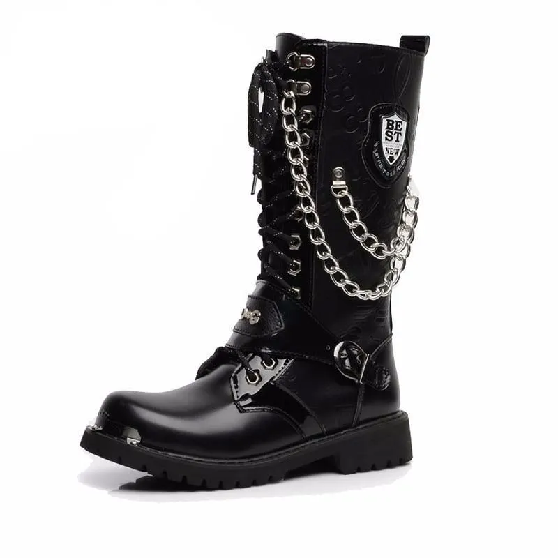 Mid Calf Metal Chain Male Motorcycle Punk Boots