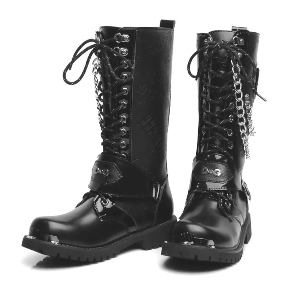Mid Calf Metal Chain Male Motorcycle Punk Boots