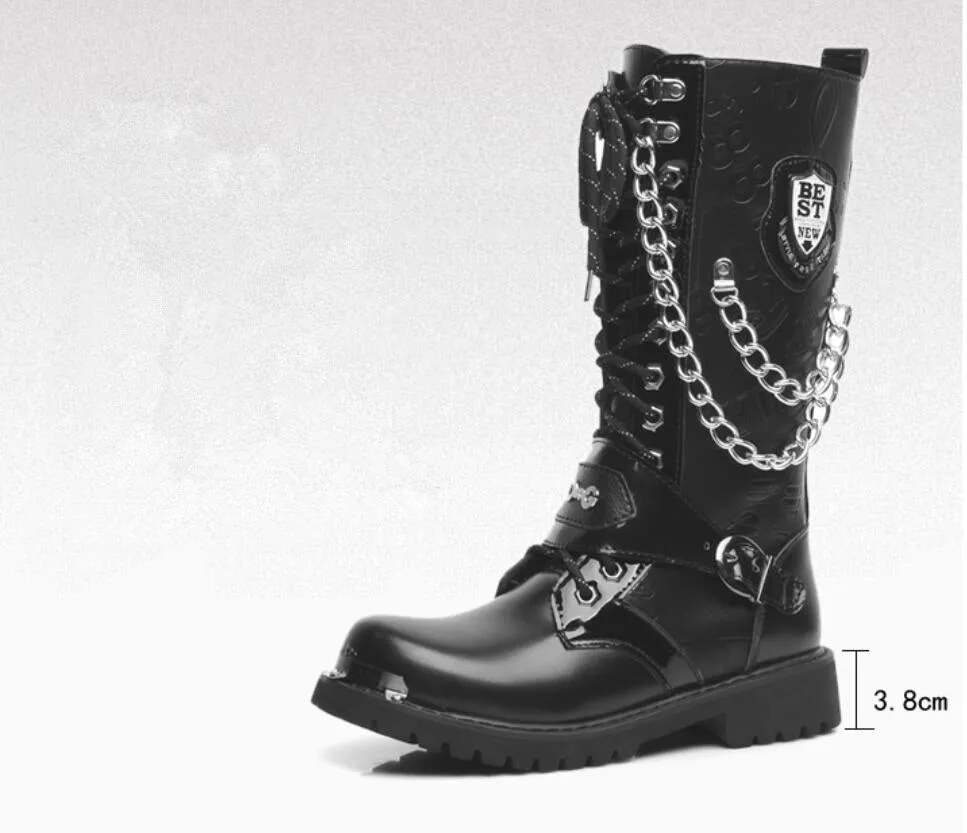 Mid Calf Metal Chain Male Motorcycle Punk Boots