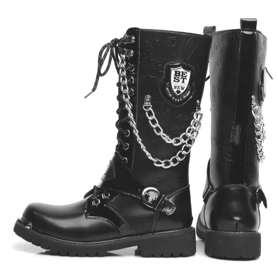 Mid Calf Metal Chain Male Motorcycle Punk Boots