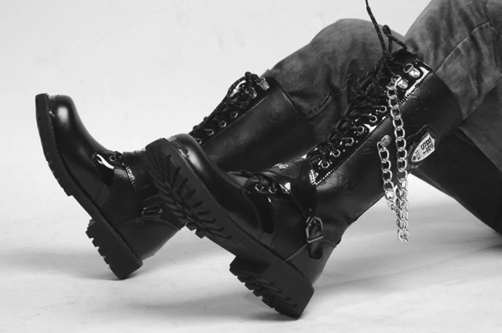 Mid Calf Metal Chain Male Motorcycle Punk Boots
