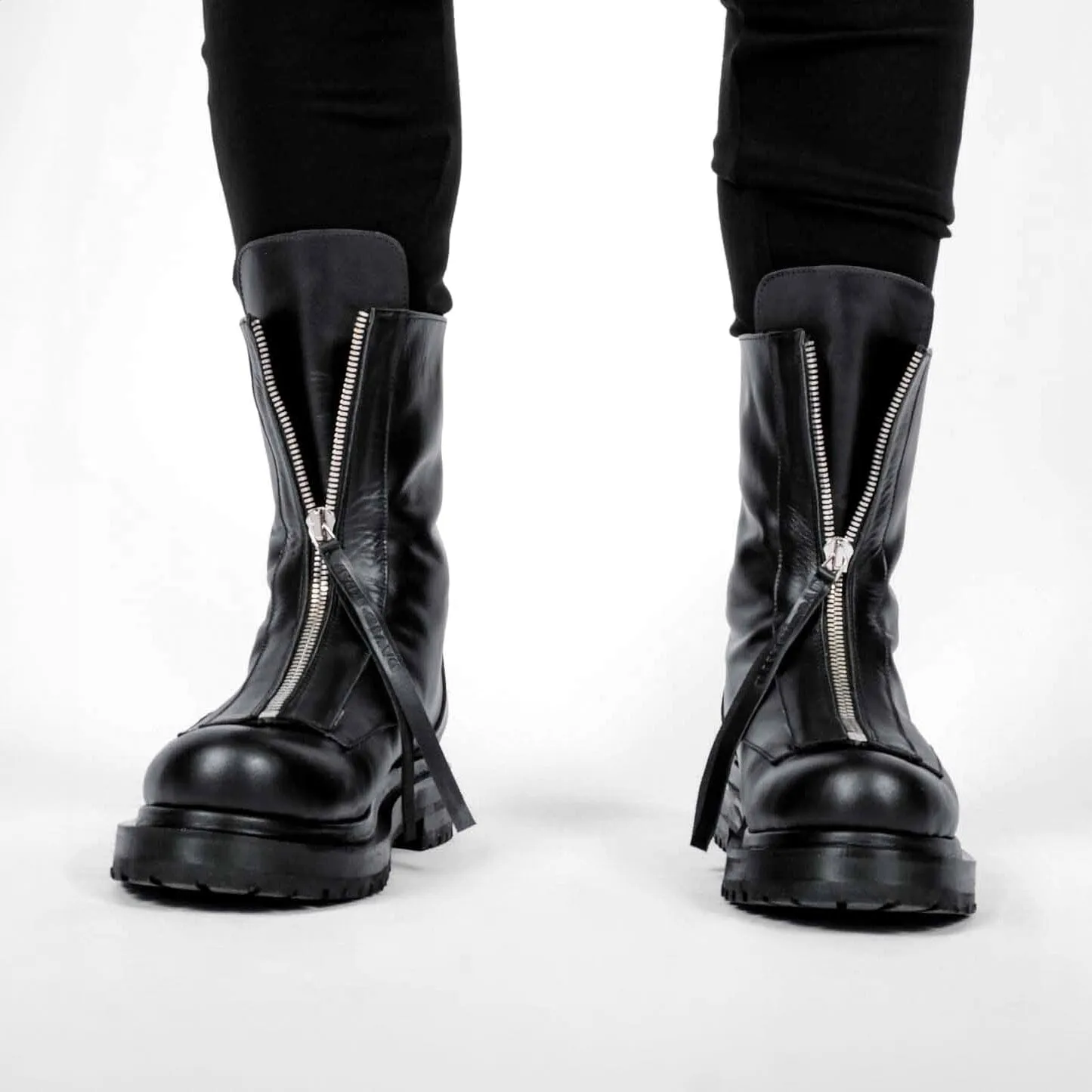 Mid Rise Leather Flat Boots with Zippers