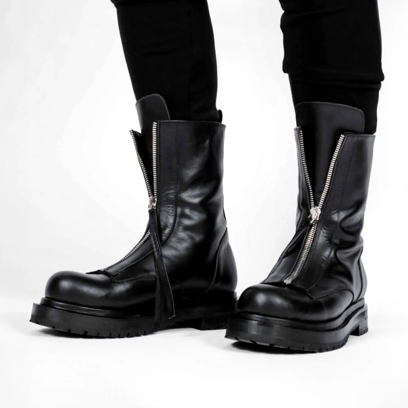 Mid Rise Leather Flat Boots with Zippers