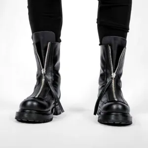 Mid Rise Leather Flat Boots with Zippers