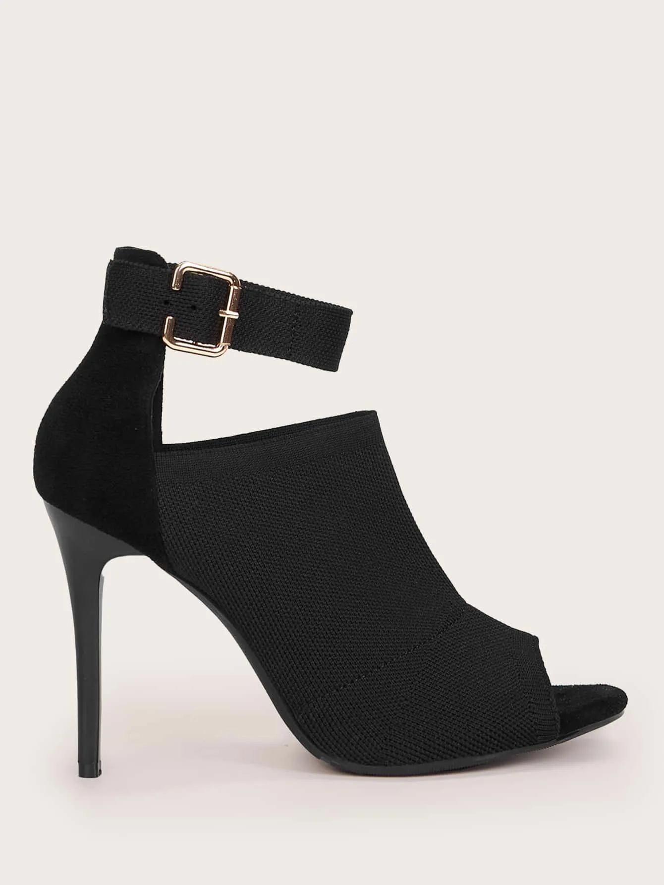 Minimalist Buckle Decor Peep Toe Cut Out Stiletto Heeled Boots - Black