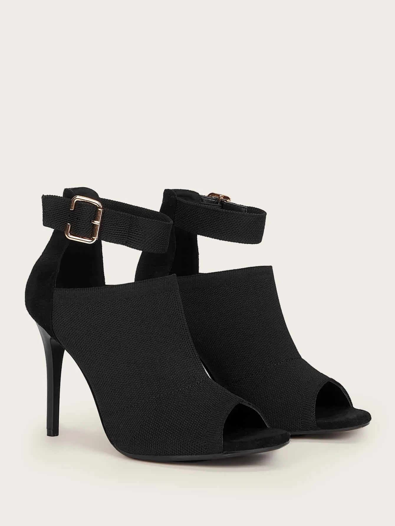 Minimalist Buckle Decor Peep Toe Cut Out Stiletto Heeled Boots - Black