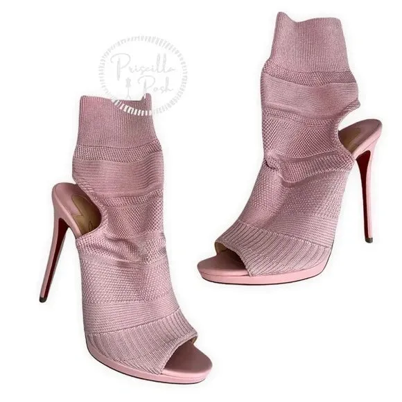 NEW Christian Louboutin Cheminene Stretch-Knit Open-Toe Red Sole Booties Sandal