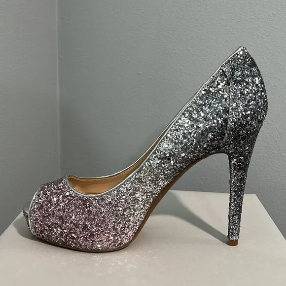 New Marc Fisher Glitter Ombré Pink Silver Bedazzled Peep Toe Heel