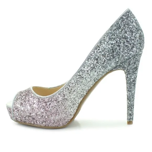 New Marc Fisher Glitter Ombré Pink Silver Bedazzled Peep Toe Heel