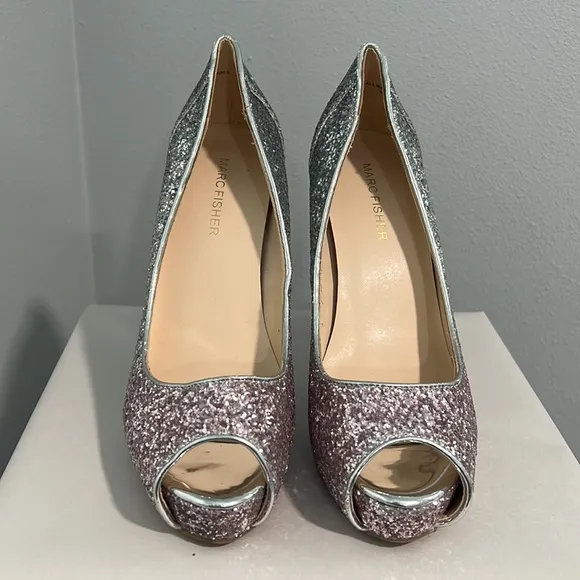 New Marc Fisher Glitter Ombré Pink Silver Bedazzled Peep Toe Heel