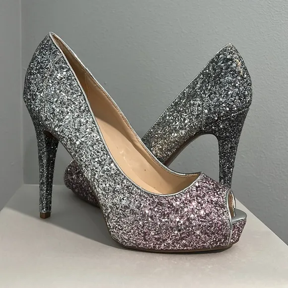 New Marc Fisher Glitter Ombré Pink Silver Bedazzled Peep Toe Heel