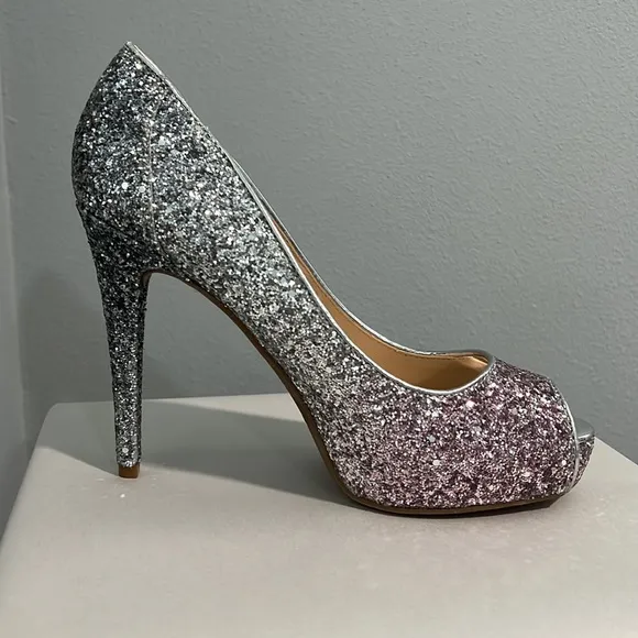 New Marc Fisher Glitter Ombré Pink Silver Bedazzled Peep Toe Heel